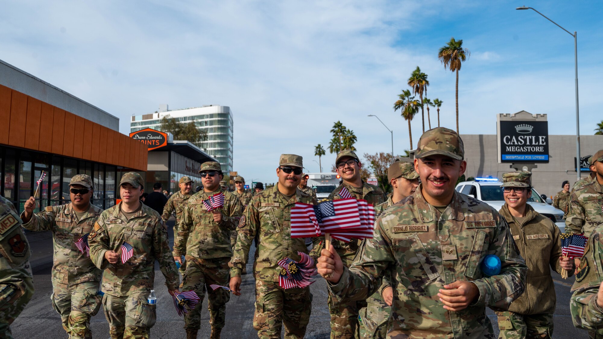 Airmen assigned to the 56th Fighter Wing participate in the Fiesta Bowl Parade, Dec. 16, 2023, in Phoenix, Arizona.