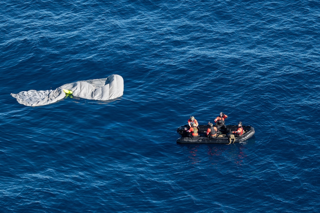 Pararescuemen assigned to the 920th Rescue Wing prepare for a search and rescue training mission off the coast of California during Distant Fury Stallion Dec. 5, 2023. This joint exercise, in conjunction with Exercise Steel Knight 23.2, presented a uniquely suited opportunity in remote, austere conditions to validate the wing’s interoperability within the joint team while reaffirming the wing’s lethality, precision, and ability to fight and win in future operating environments such as the Indo-Pacific region. (U.S. Air Force photo by Senior Airman Nicole Koreen)