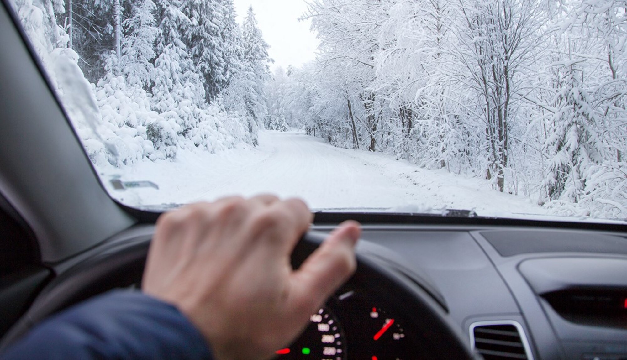 A person driving a car from the vantage point of being inside.