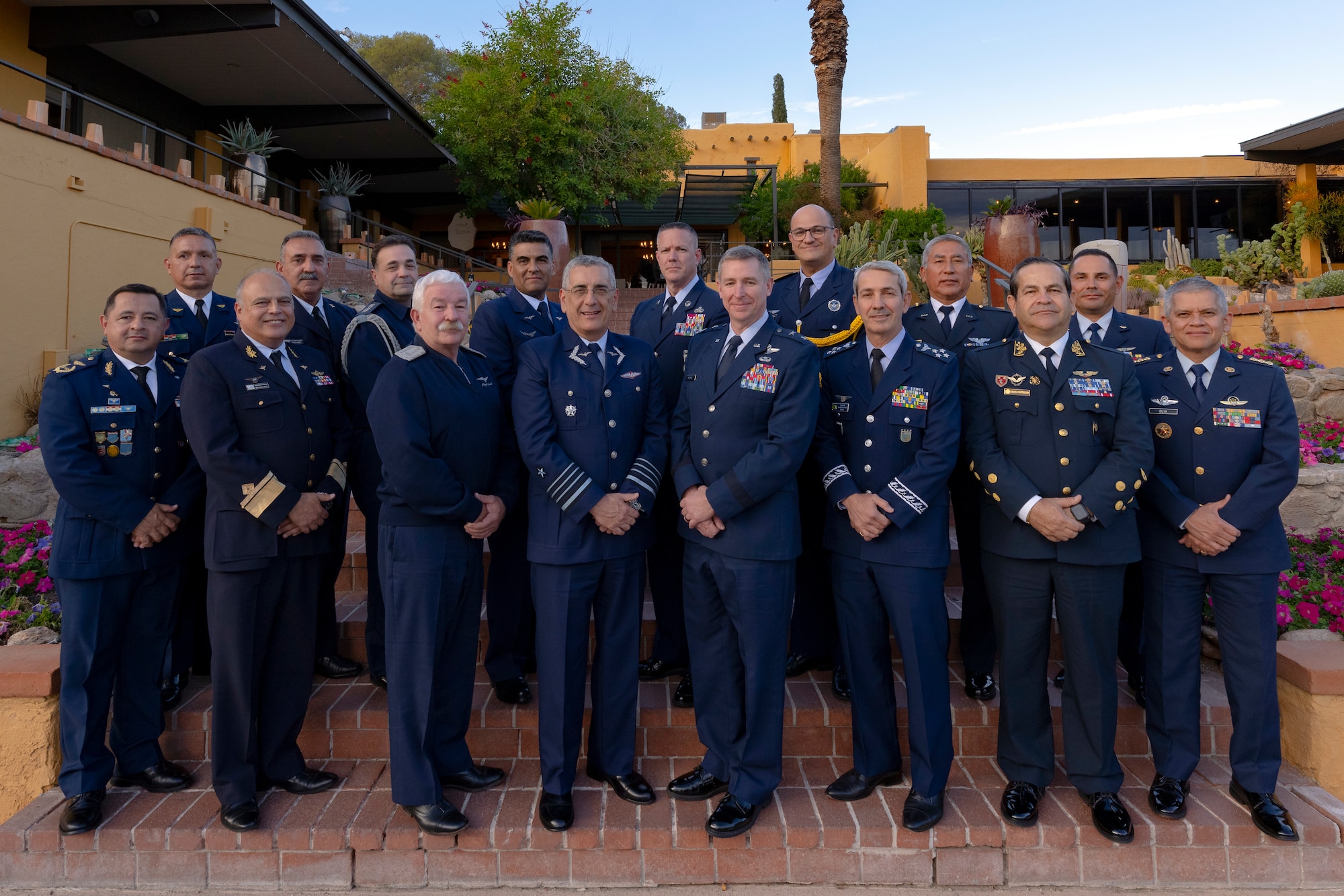 Air Chiefs and Senior Enlisted Leaders from Argentina, Brazil, Chile, Colombia, Paraguay, Peru, Uruguay, and the United States, pose for a photo during the South American Air Chiefs Conference in Tucson, Ariz. Dec. 5, 2023.