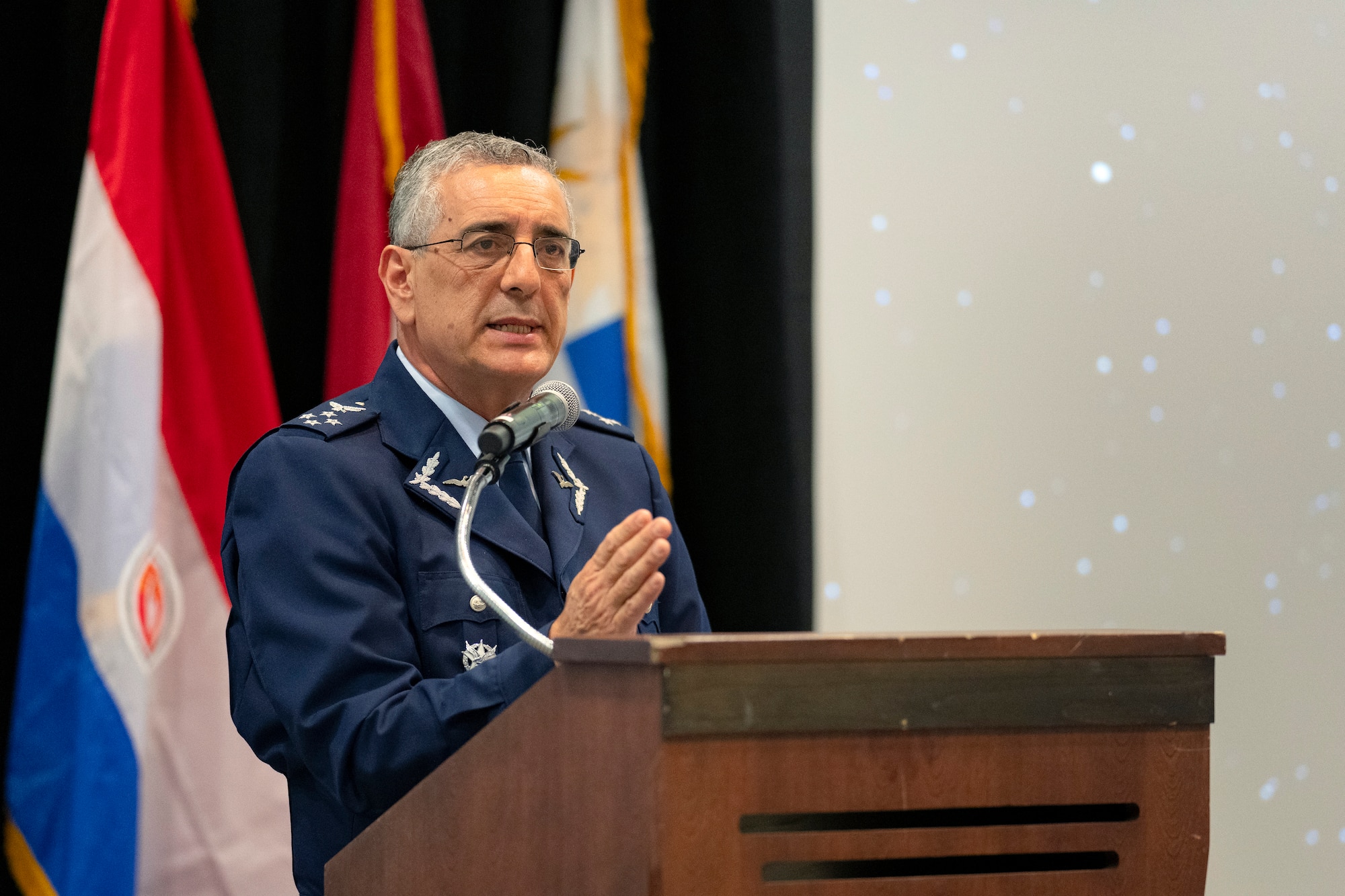 Chilean air chief Gen. Hugo Eduardo Rodríguez González gives a briefing on the Chilean Space Program during the South American Air Chiefs Conference in Tucson, Ariz. Dec. 5, 2023.