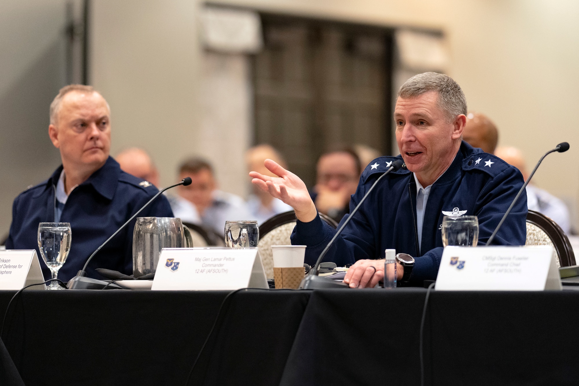 U.S. Air Force Maj. Gen. Evan Pettus, 12th Air Force (Air Forces Southern) commander, comments during the South American Air Chiefs Conference in Tucson, Ariz. Dec. 6, 2023.