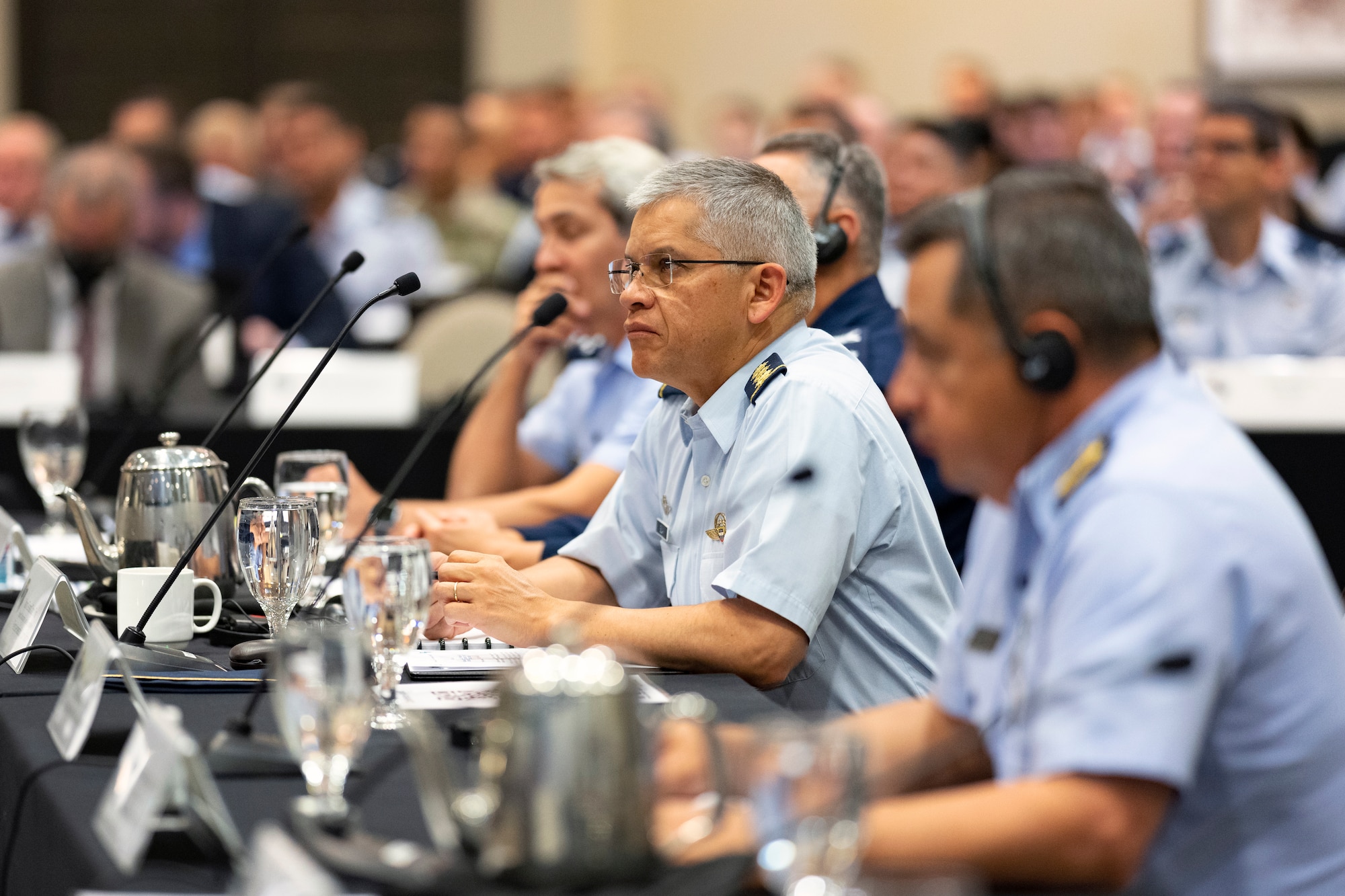 Maj. Gen. Carlos Silva, Colombian air and space force vice commander and chief of staff, listens to a briefing during the South American Air Chiefs Conference in Tucson, Ariz. Dec. 6, 2023.