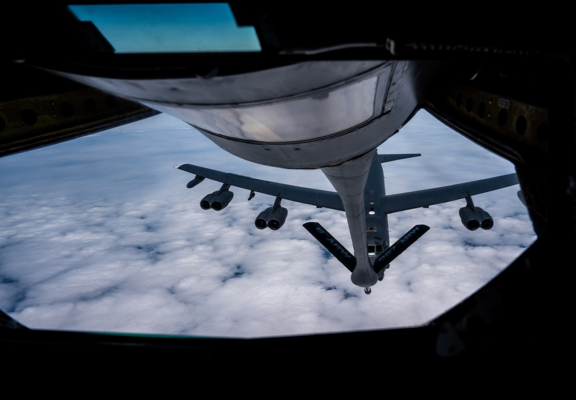 A B-52H Stratofortress assigned to the 5th Bomb Wing prepares to receive fuel from a KC-135 Stratotanker assigned to the 6th Air Refueling Wing fly over the Pacific Ocean during an air refueling mission July 17, 2023, in support of Mobility Guardian 2023. A multilateral endeavor, MG23 features seven participating countries – Australia, Canada, France, Japan, New Zealand, United Kingdom, and the United States – operating approximately 70 mobility aircraft across multiple locations spanning a 3,000 mile exercise area from July 5th through July 21. Our Allies and partners are one of our greatest strengths and a key strategic advantage. MG23 is an opportunity to deepen our connections with regional Allies and partners using bold initiatives. (U.S. Air Force photo by Tech. Sgt. Alexander Cook)