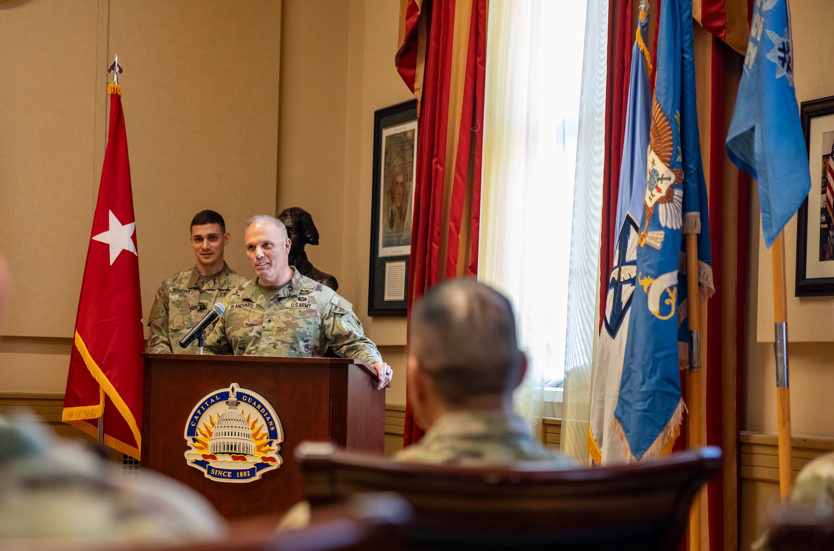 U.S. Army Brig. Gen. Leland Blanchard II, commanding general, Land Component Command, District of Columbia Army National Guard, speaks during an activation ceremony for Delta Company, 223rd Military Intelligence Battalion Dec. 9, 2023, at the D.C. Armory in Washington, D.C. The unit is the first of its kind in the D.C. Army National Guard.  (U.S. Army National Guard photo by Sgt. 1st Class Erica Jaros)