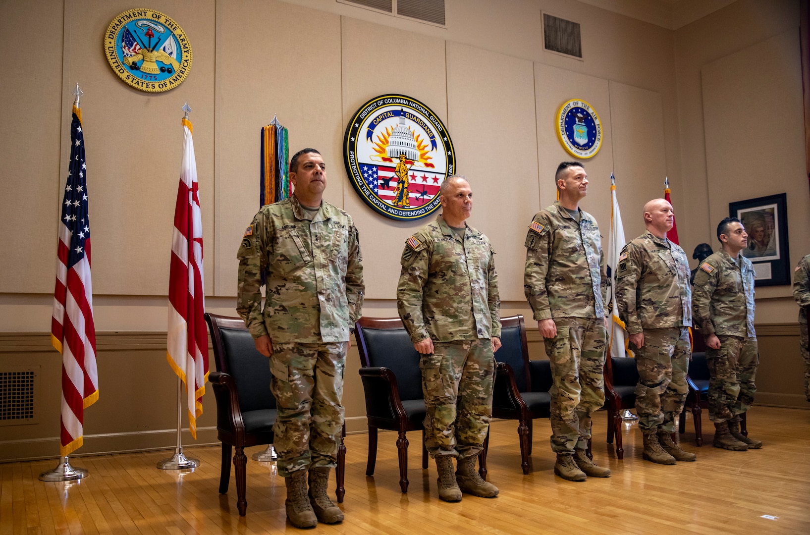 U.S. Army Maj. Gen John Andonie, District of Columbia National Guard commanding general and other senior leaders, attend the activation ceremony for Delta Company, 223rd Military Intelligence Battalion Dec. 9, 2023, at the D.C. Armory in Washington, D.C. The unit is the first of its kind in the D.C. Army National Guard.  (U.S. Army National Guard photo by Sgt. 1st Class Erica Jaros)