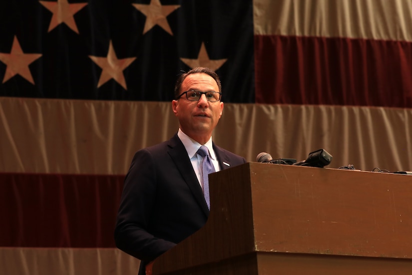 Gov. Josh Shapiro shares remarks during a deployment ceremony at Zembo Shrine Auditorium in Harrisburg, Pennsylvania, Dec. 17, 2023. Soldiers with the Pennsylvania National Guard’s 2nd Battalion, 112th Infantry Regiment, 56th Stryker Brigade Combat Team, 28th Infantry Division and their families were recognized during the ceremony. The Soldiers will leave their homes and families for about a year as they deploy to the Horn of Africa, supporting U.S. Africa Command and partner forces with security objectives in the region. During the ceremony, Shapiro, Maj. Gen. Mark Schindler, Col. Christopher Costello and Lt. Col. Eric Ponzek shared remarks. (U.S. Army National Guard photo by Maj. Travis Mueller)