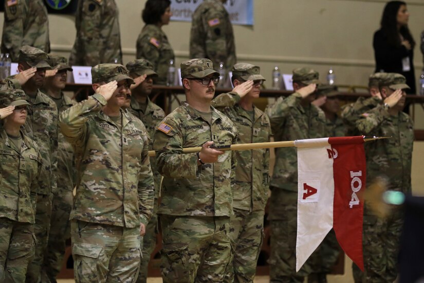 Soldiers with 2nd Battalion, 112th Infantry Regiment, 56th Stryker Brigade Combat Team, 28th Infantry Division and their families are recognized during a ceremony at the Zembo Shrine Auditorium in Harrisburg, Pennsylvania, Dec. 17, 2023. The Soldiers will leave their homes and families for about a year as they deploy to the Horn of Africa, supporting U.S. Africa Command and partner forces with security objectives in the region. During the ceremony, Gov. Josh Shapiro, Maj. Gen. Mark Schindler, Col. Christopher Costello and Lt. Col. Eric Ponzek shared remarks. (U.S. Army National Guard photo by Maj. Travis Mueller)