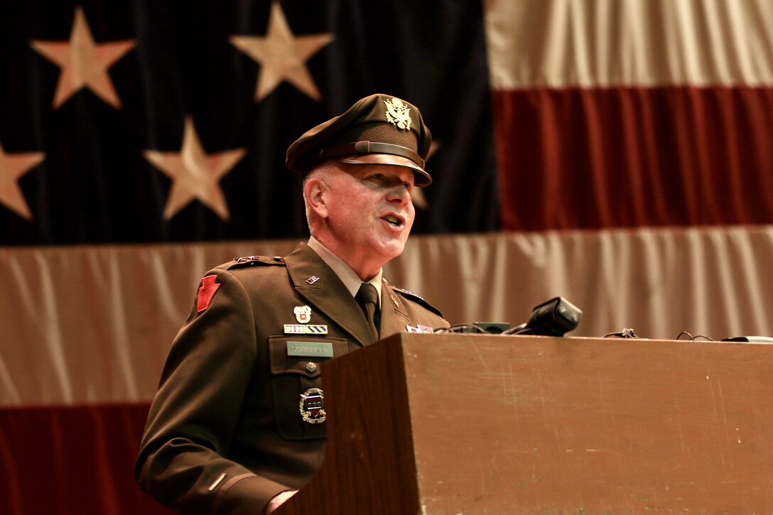 Maj. Gen. Mark Schindler, the Adjutant General of Pennsylvania, shares remarks during a deployment ceremony at Zembo Shrine Auditorium in Harrisburg, Pennsylvania, Dec. 17, 2023. Soldiers with the Pennsylvania National Guard’s 2nd Battalion, 112th Infantry Regiment, 56th Stryker Brigade Combat Team, 28th Infantry Division and their families were recognized during the ceremony. The Soldiers will leave their homes and families for about a year as they deploy to the Horn of Africa, supporting U.S. Africa Command and partner forces with security objectives in the region. During the ceremony, Gov. Josh Shapiro, Schindler, Col. Christopher Costello and Lt. Col. Eric Ponzek shared remarks. (U.S. Army National Guard photo by Maj. Travis Mueller)