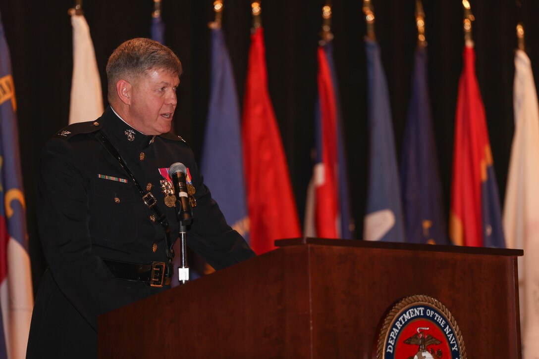 U.S. Marine Corps Col. Donald Wright, chief of staff of Marine Corps Base Quantico, a native of Universal City, Texas, addresses attendees of his retirement ceremony on MCBQ, Virginia, Dec. 15, 2023. Wright retired as chief of staff for the base after 30 years of honorable service, a career including tours of Iraq, Afghanistan, and Indonesia. (U.S. Marine Corps photo by Lance Cpl. David Brandes)