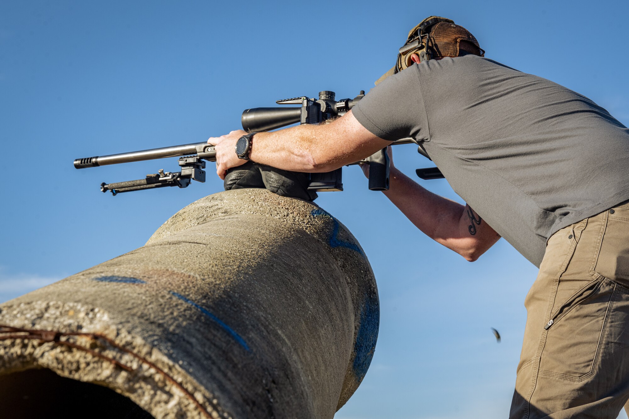 U.S. Air Force Tech. Sgt. Guy Demarco, a 1st Special Operations Civil Engineer Squadron explosive ordnance disposal technician, shoots long range targets in Baker, Florida, December 12, 2023.
