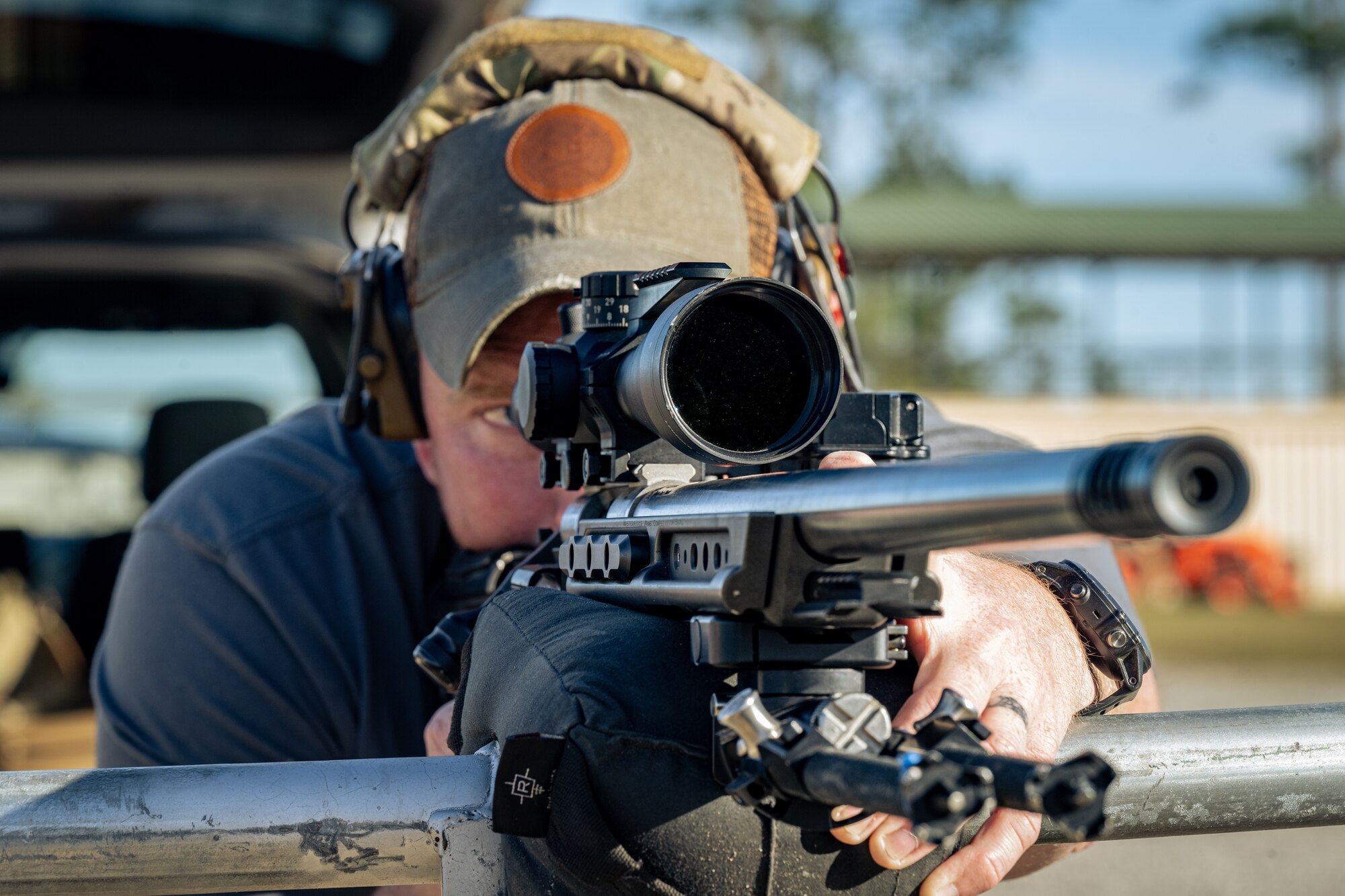 U.S. Air Force Tech. Sgt. Guy Demarco, a 1st Special Operations Civil Engineer Squadron explosive ordnance disposal technician, shoots long range targets in Baker, Florida, December 12, 2023.