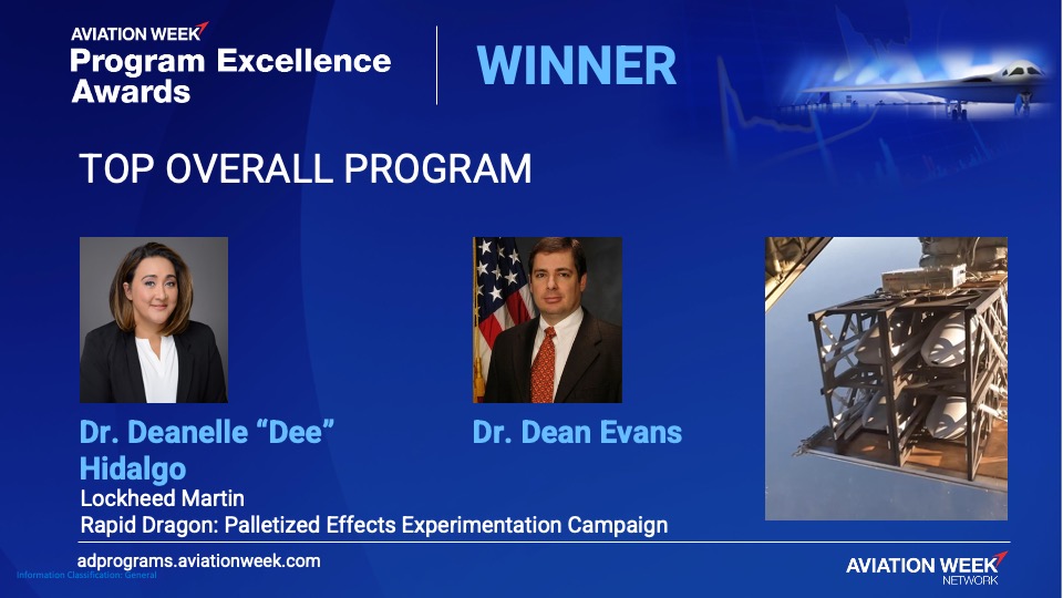 Lockheed Martin’s Dr. Deanelle “Dee” Hidalgo, deputy director, Air-to-Ground Missile Systems/Rapid Dragon, and Dr. Dean Evans of the Air Force Research Laboratory’s, or AFRL, Strategic Development Planning and Experimentation Office, or SDPE, are the project managers cited in the Rapid Dragon award. Lockheed Martin and AFRL’s SDPE office, or SDPE, received top honors for the Rapid Dragon Palletized Munitions campaign at the Aviation Week Network 2023 Program Excellence Awards, announced Nov. 8, 2023. (U.S. Air Force graphic)