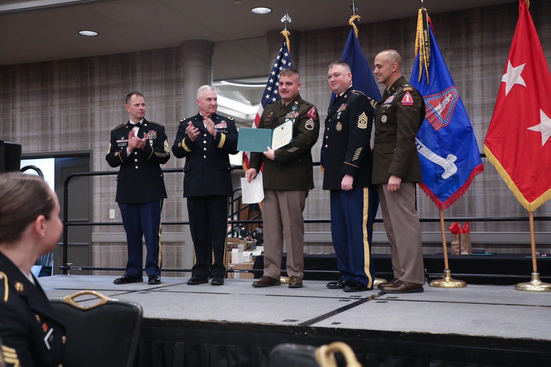 Sgt. 1st Class Heather York, this year’s Directors 54/Recruiter of the Year received her Meritorious Service Medal during the Mission Maker award ceremony held at the Galt House hotel Dec. 16, 2023. As Kentucky’s selection for Directors 54, she went on to compete in the regional competition. (U.S. Army National Guard photo by Sgt. 1st Class Benjamin Crane)