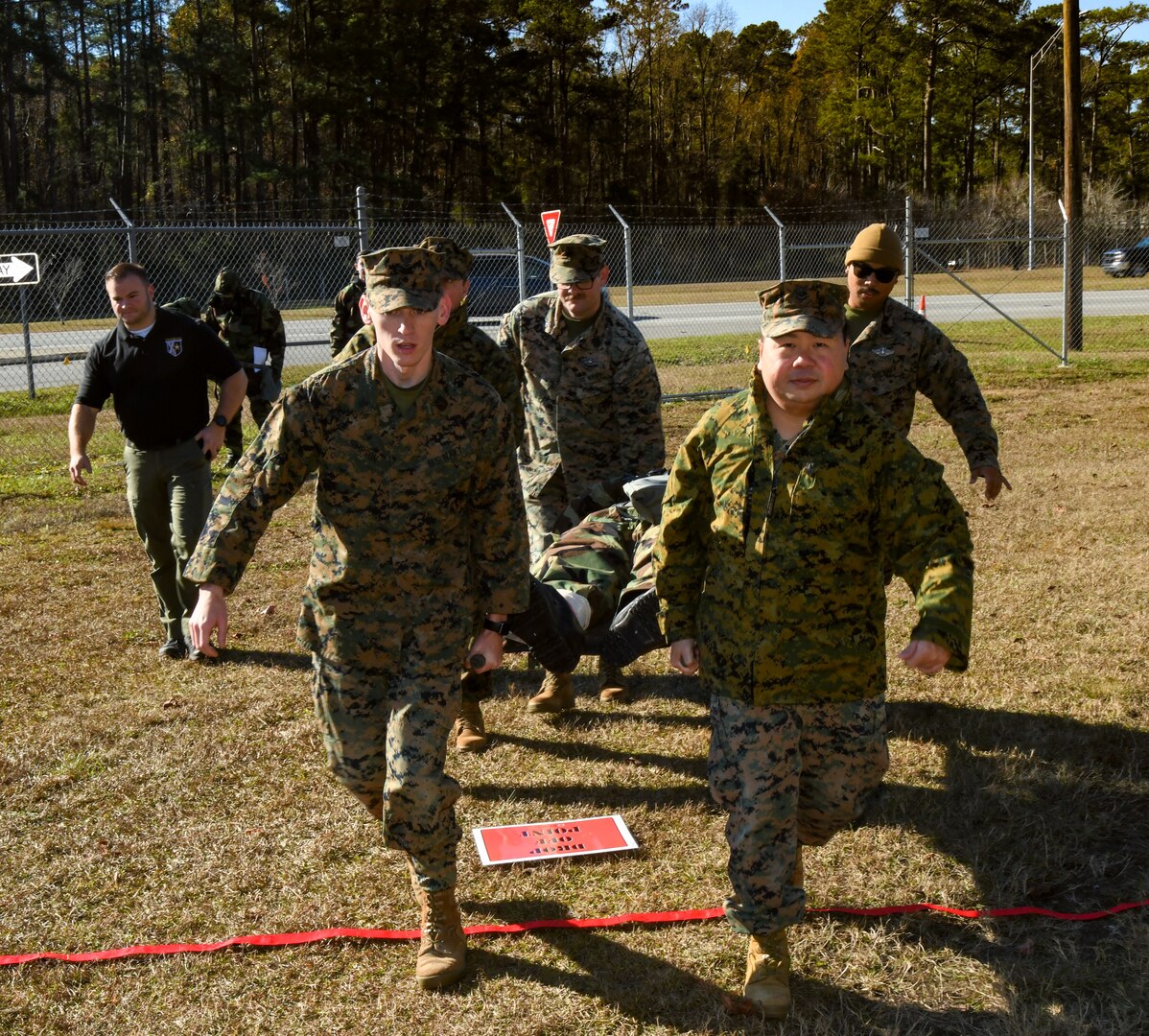 Expeditionary Medical Facility Kilo and 2nd Medical Battalion personnel train to care for chemical injuries during a field exercise on Dec. 7, 2023. The Medical Management of Chemical and Biological Casualties course prepares medical forces for scenarios they could encounter during combat involving hazardous materials or biological warfare.