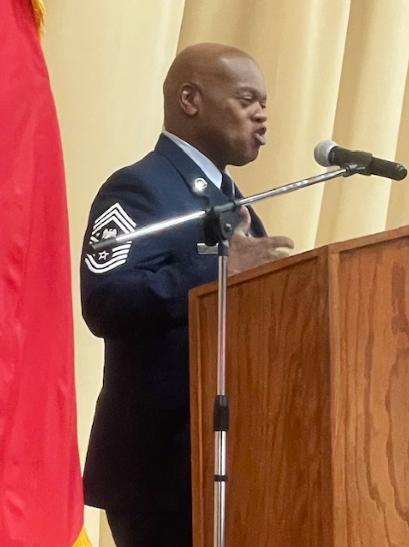 Chief Master Sgt. of the National Guard Tony Whitehead, senior enlisted advisor to the Chief of the National Guard Bureau, addresses 98 cadets from 33 Wisconsin counties during a graduation ceremony Dec. 16 at Baraboo High School in Baraboo, Wis. Challenge Academy reshapes the lives of 16-to-18-year-olds at risk of not graduating from high school. It uses a structured, military-style environment and state-certified teachers and counselors to build Cadets’ academic abilities, character, self-confidence, and personal discipline. Wisconsin Department of Military Affairs photo by Thomas Beckman