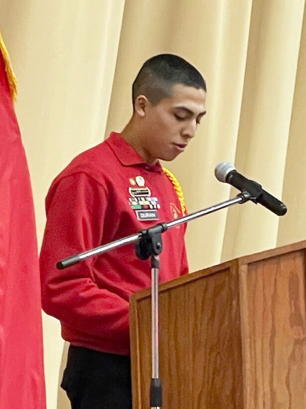 Wisconsin Challenge Academy Distinguished Honor Graduate Nathanial Duran of Beloit, Wis., addresses his fellow cadets during a graduation ceremony Dec. 16 at Baraboo High School in Baraboo, Wis. Challenge Academy reshapes the lives of 16-to-18-year-olds at risk of not graduating from high school. It uses a structured, military-style environment and state-certified teachers and counselors to build Cadets’ academic abilities, character, self-confidence, and personal discipline. Wisconsin Department of Military Affairs photo by Thomas Beckman