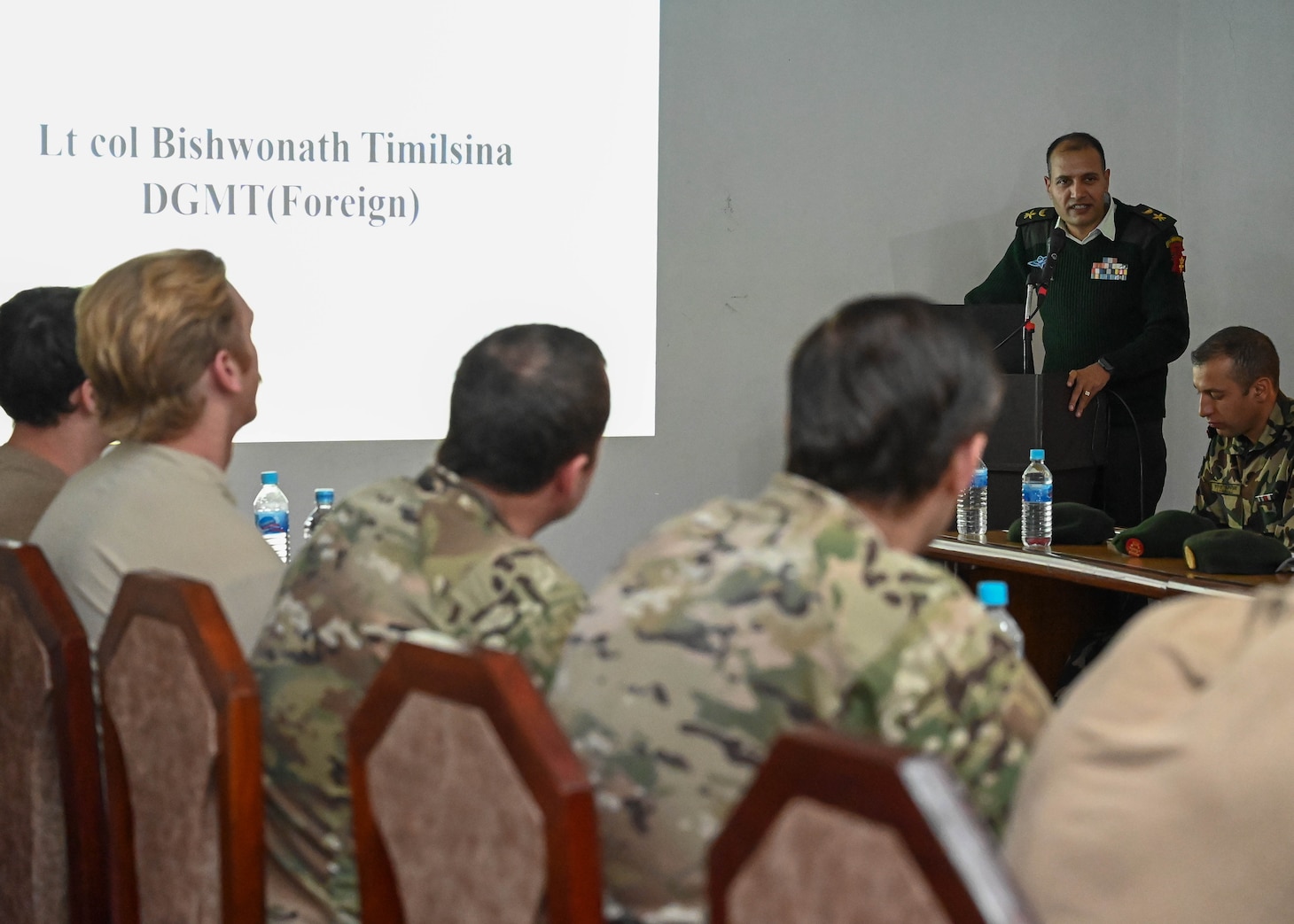 Lt. Col. Bishwonath Timilsina, Director General of Military Training (Foreign), Nepali Army, delivers closing remarks as part of a U.S. and Nepal subject matter expert exchange at Ganesh Kashya, the Nepali Army headquarters in Kathmandu, Nepal.