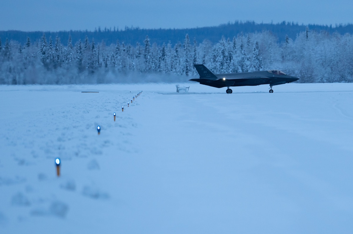 An F-35A Lightning II taxis on the flightline for routine training on Eielson Air Force Base, Alaska, Dec. 18, 2023.