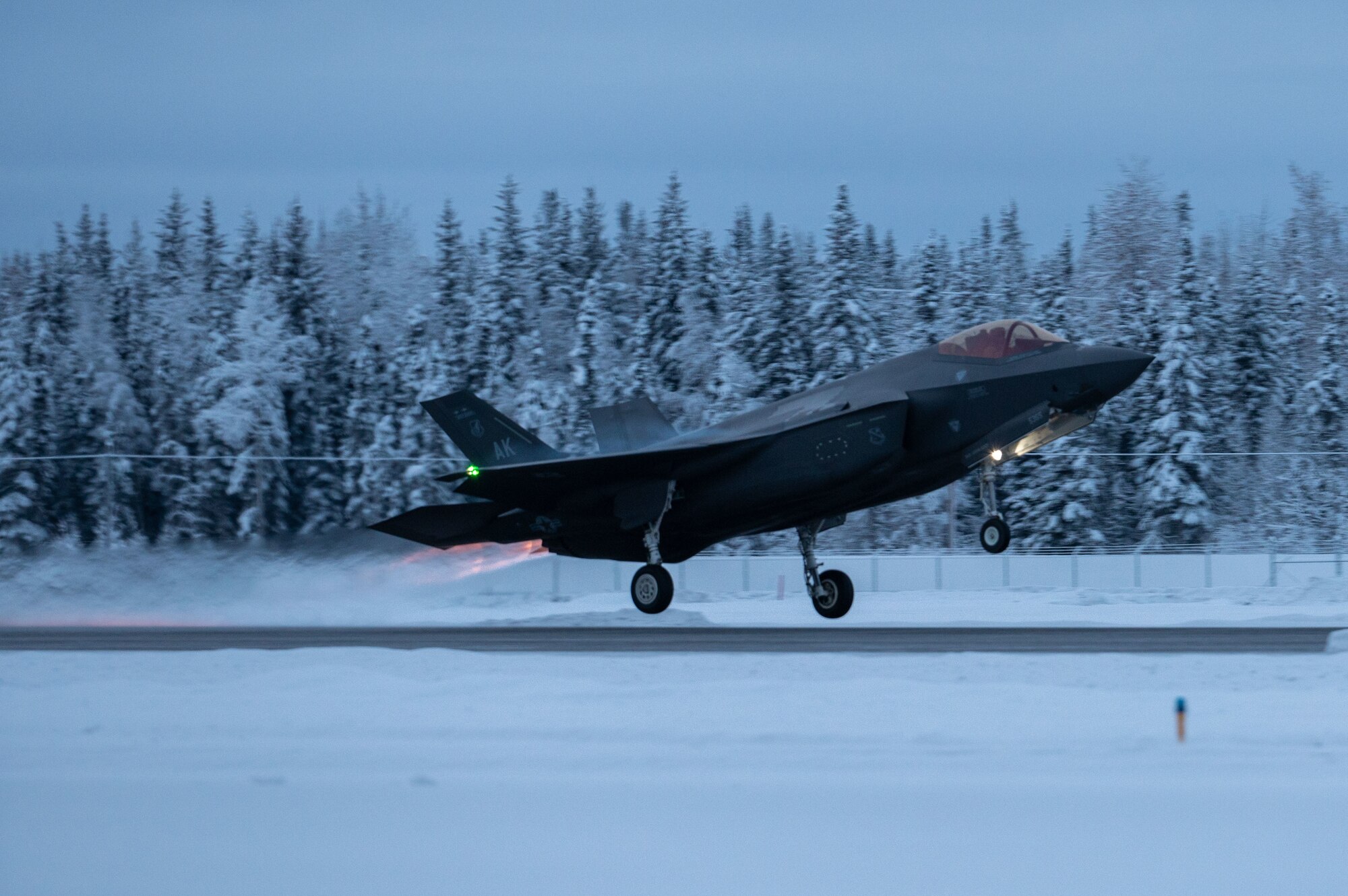 An F-35A Lightning II takes off for routine training on Eielson Air Force Base, Alaska, Dec. 18, 2023.
