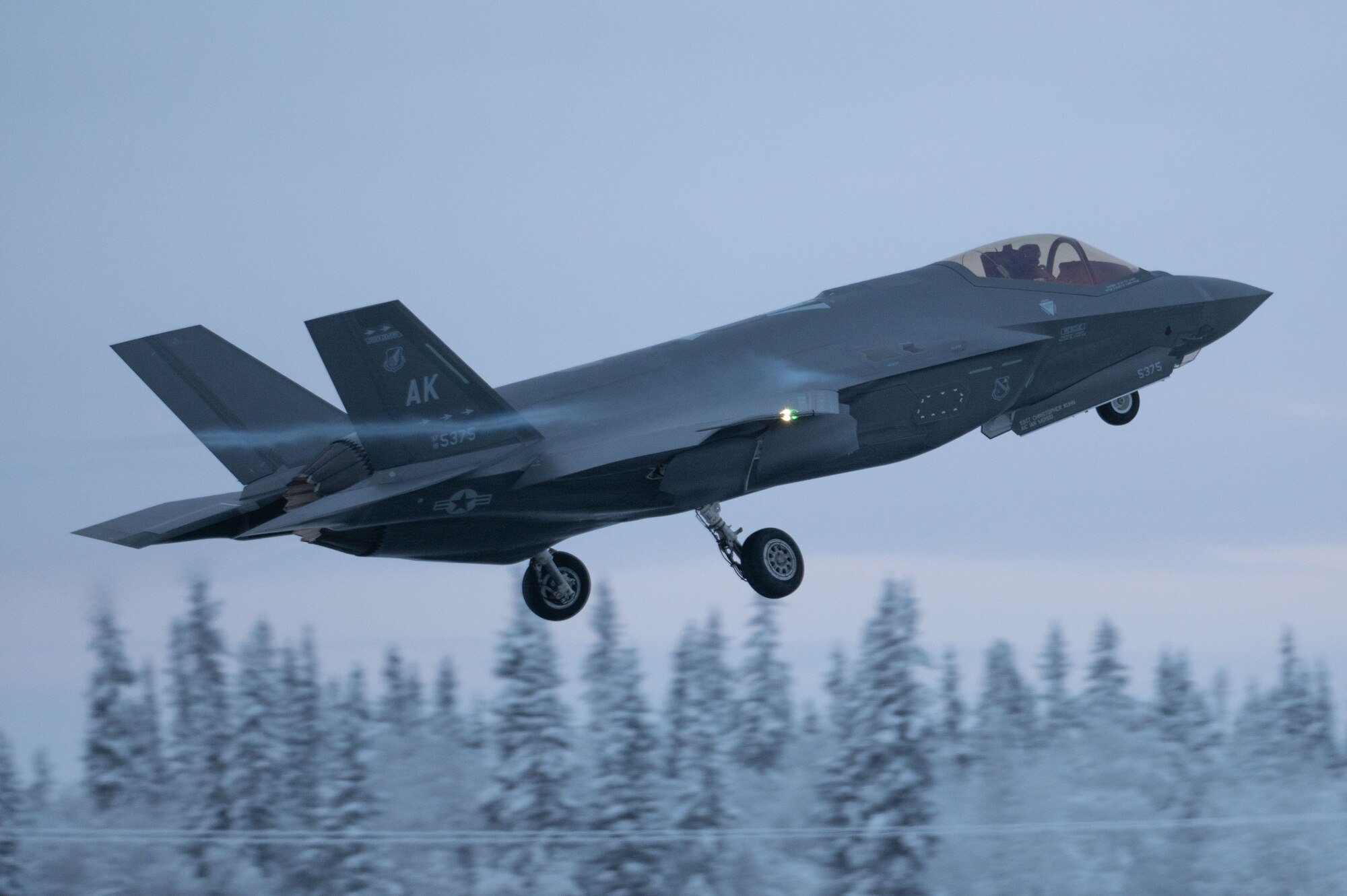 An F-35A Lightning II takes off for routine training on Eielson Air Force Base, Alaska, Dec. 18, 2023.