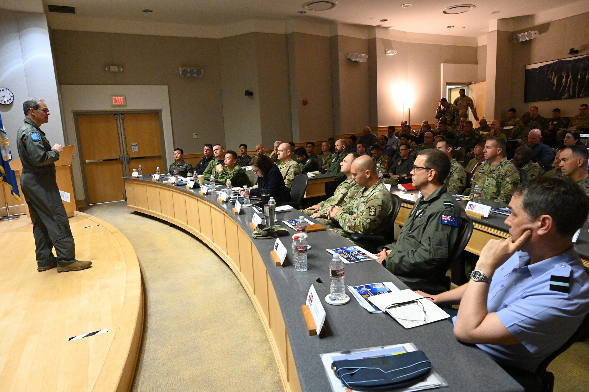 Gen. Ken Wilsbach, Pacific Air Forces commander, speaks at the Multilateral Integrated Air and Missile Defense Summit at Joint Base Pearl Harbor-Hickam, Hawaii, Dec. 4, 2023. The briefings held during the summit enabled open dialogue about various topics, including how to establish a multilateral air defense design for the region, global security challenges, strategic priorities, collaborative goals, multilateral exercises, and future opportunities. (U.S. Air Force photo by Tech. Sgt. Nicholas Wilson)