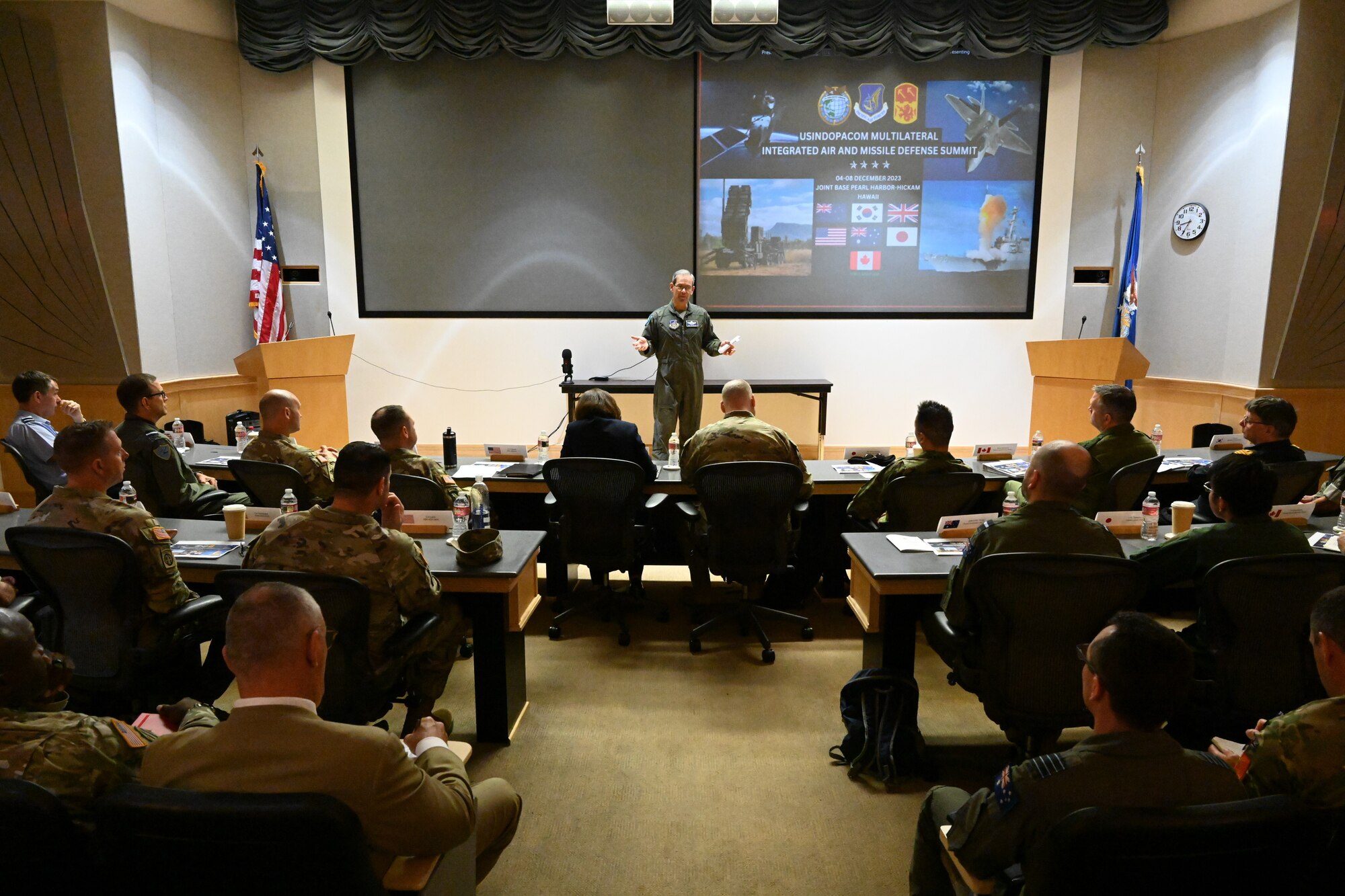 Gen. Ken Wilsbach, Pacific Air Forces commander, speaks at the Multilateral Integrated Air and Missile Defense Summit at Joint Base Pearl Harbor-Hickam, Hawaii, Dec. 4, 2023. The summit enabled all Allies and partners to bring a variety of strengths and capabilities from technical subject matter experts to coordinate their capabilities alongside friendly forces in response to current, emerging, and future challenges. (U.S. Air Force photo by Tech. Sgt. Nicholas Wilson)