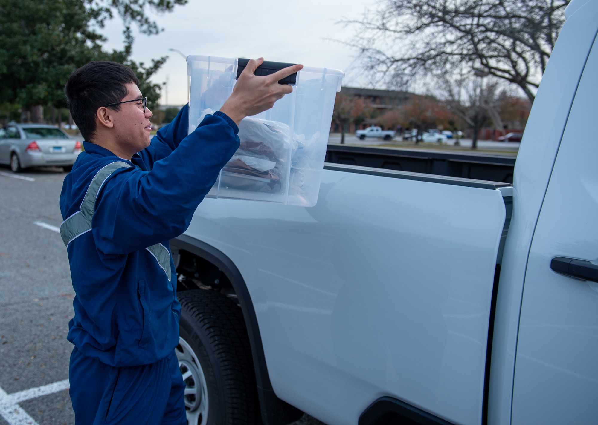 U.S. Air Force Airman 1st Class Richard Carmona Duarte, 23rd Healthcare Operations Squadron aerospace medical technician, takes part in the Bay Orderly program at Moody Air Force Base, Georgia, Dec. 14, 2023. Airmen assigned to Bay Orderly duty travel around the base with their assigned equipment. (U.S. Air Force photo by Airman Cade Ellis)