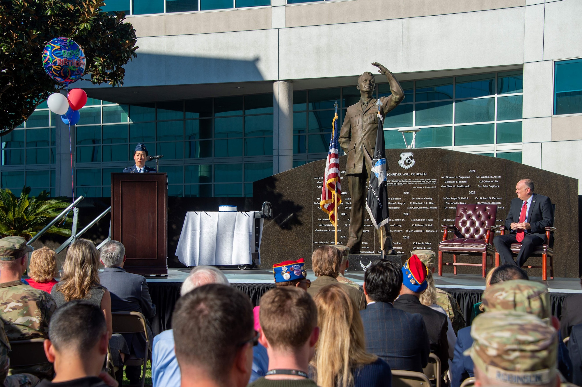 The U.S. Space Force fourth Birthday celebration. Col. Mia L. Walsh, Space Base Delta 3 Commander, officiates the event in the Schriever Courtyard, Los Angeles Air Force Base, Calif., Dec.15, 2023. (USSF photo by Van De Ha).