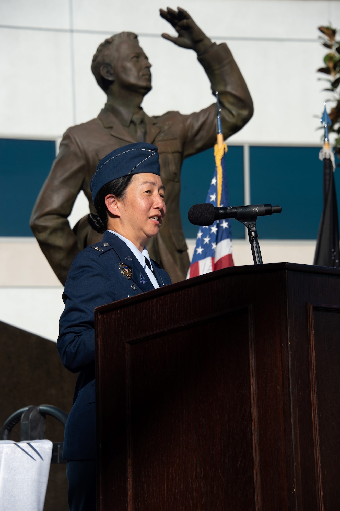 Happy birthday and Semper Supra to the U.S. Space Force! Col. Mia L. Walsh, commander, Space Base Delta 3, officiates the celebration of the USSF’s fourth birthday in the Schriever Courtyard, Los Angeles Air Force Base, Calif., December 15, 2023. (USSF photo by Van De Ha).