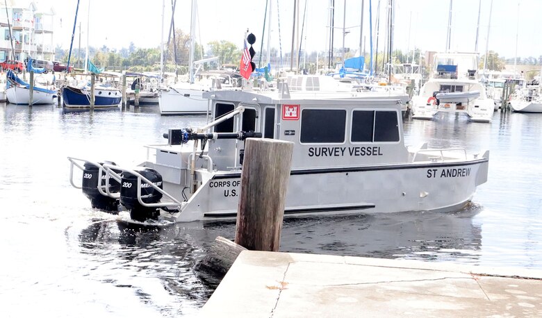 The U.S. Army Corps of Engineers, Mobile District Survey Vessel St. Andrew takes off from the pier at the Panama City Site Office, Panama City, Florida, Dec. 8, 2023. The St. Andrew helps the site office fulfill its mission by conducting hydrographic and topographical surveys. (U.S. Army photo by Chuck Walker)