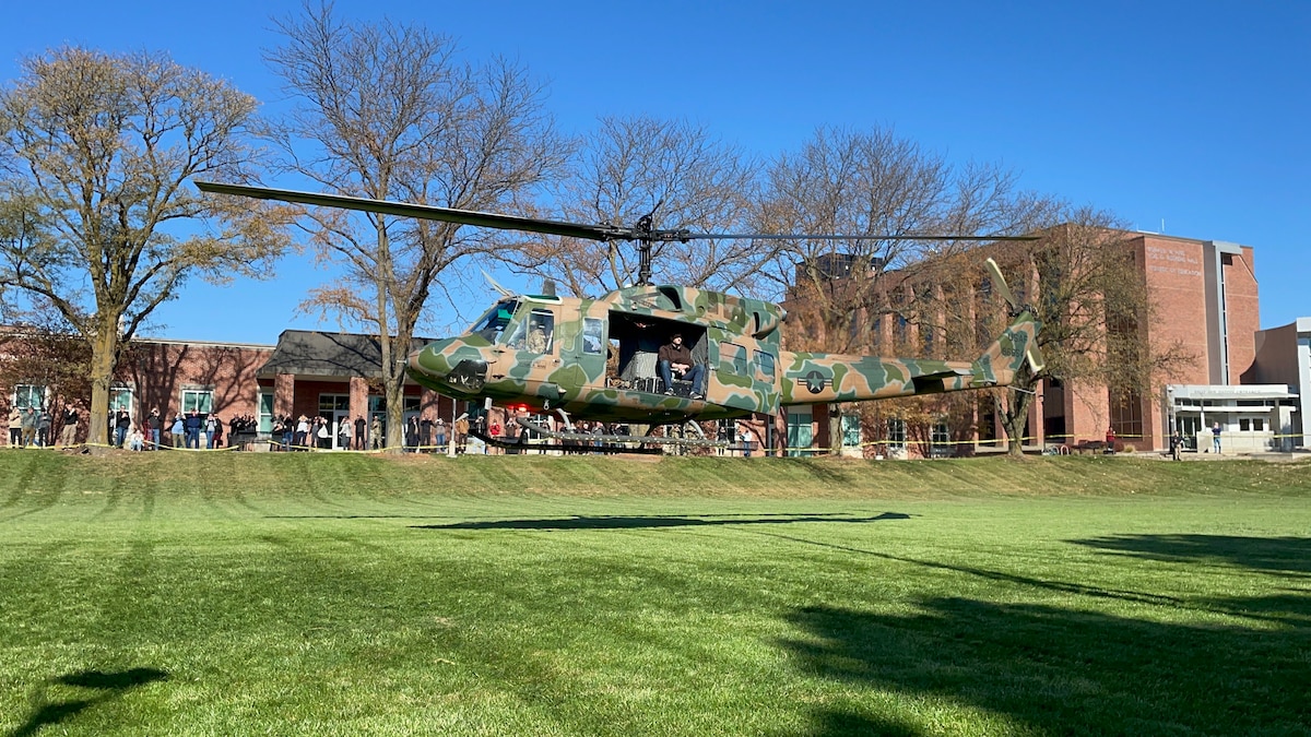 A U.S. Air Force UH-1N Iroquois helicopter lands Nov. 10, 2023, on the University of Nebraska Omaha campus. The landing, a collaboration between UNO’s Air Force ROTC Detachment 470 and the 40th Helicopter Squadron at Malstrom Air Force Base, Montana represented the integration of service and education. (U.S. Air Force photo by Cadet Jacob Limb).