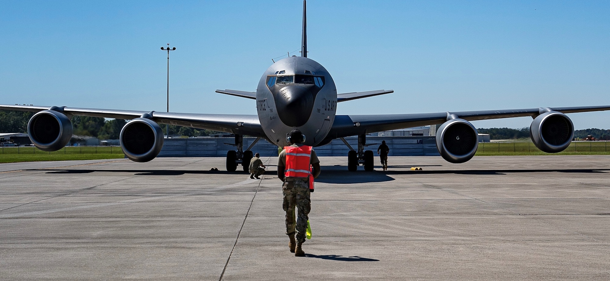 Members of the 186th Maintenance marshal a KC-135 Stratotanker for a hot-pit refuel in September 2023.