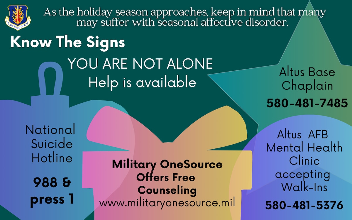 Pictured is a graphic representation describing the various helping agencies at Altus Air Force Base for Airmen needing support is. If you are struggling with Seasonal Affective Disorder,  here are some resources that can help. ( U.S. Air Force photo illustration by Airmen 1st Class Heidi Bucins)