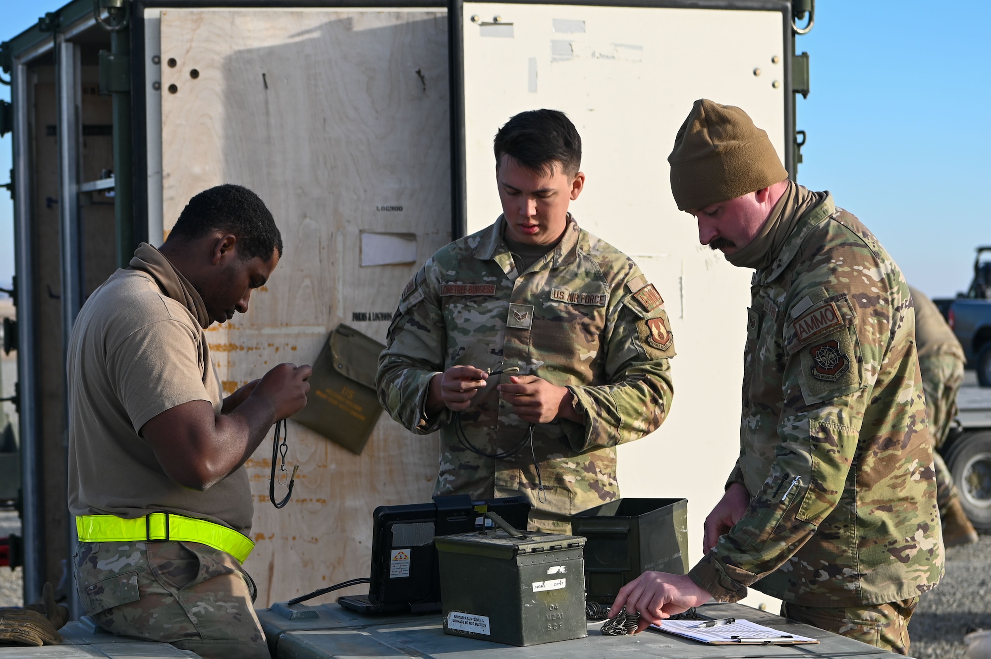 U.S. Air Force Senior Airman Marshall Lonetree-Burgess,  649th Munitions Squadron munition inspector from Hill Air Force Base, Utah, manages ammunition operations on the 9th Munitions Storage Area on Beale Air Force Base, California, Dec. 13, 2023.