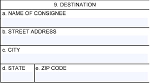 Box 9 of the Request for Quotation (SF18) for Destination information including Name of Consignee, Street Address, City, State, and Zip Code.