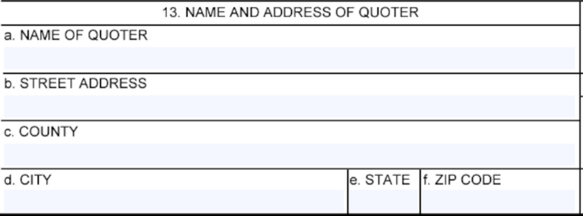 Box 13 of the Request for Quotation (SF18) for Name and Address information of the Quoter.