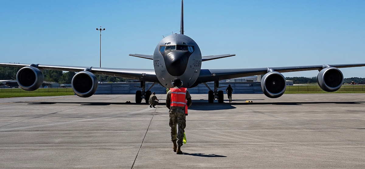 Members of the 186th Maintenance marshal a KC-135 Stratotanker for a hot-pit refuel in September 2023.