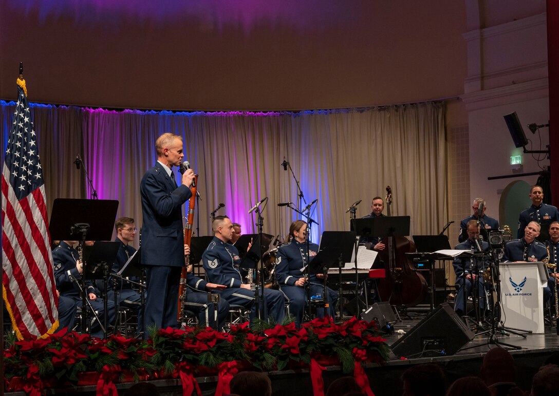 U.S. Air Force Maj. Gen. Derek France, Third Air Force commander, provides opening remarks at the Kaiserslautern Military Community Christmas Concert in Kaiserslautern, Germany, Dec. 16, 2023. The annual concert has been a tradition for 40 years, and serves as a thank you to the community for their acceptance, hospitality and support of U.S. forces and their families. (U.S. Air Force photo by Senior Airman Madelyn Keech)
