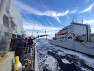 The Lewis and Clark-class dry cargo ship, USNS William McLean (T-AKE 12), conducted a replenishment-at-sea (RAS) with the Italian Carlo Bergamini-class frigates, Carlo Bergamini (F 590) and Virginio Fasan (F 591), Dec. 14, 2023.