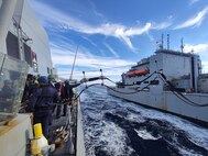 The Lewis and Clark-class dry cargo ship, USNS William McLean (T-AKE 12), conducted a replenishment-at-sea (RAS) with the Italian Carlo Bergamini-class frigates, Carlo Bergamini (F 590) and Virginio Fasan (F 591), Dec. 14, 2023.