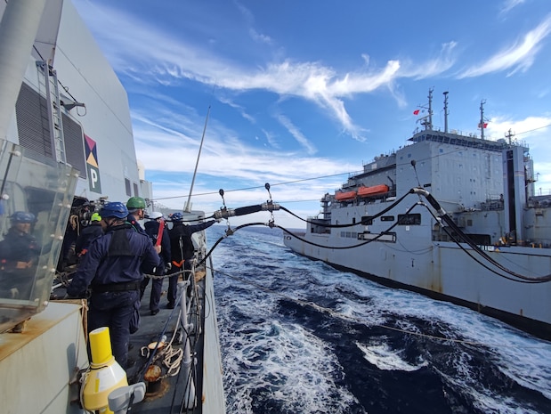 The Lewis and Clark-class dry cargo ship, USNS William McLean (T-AKE 12), conducted a replenishment-at-sea (RAS) with the Italian Carlo Bergamini-class frigates, Carlo Bergamini (F 590) and Virginio Fasan (F 591), Dec. 14, 2023.