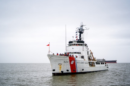 The crew of USCGC Steadfast, returns to its homeport in Astoria, Oregon, following a patrol Dec. 18, 2023. Steadfast is a 210-foot reliance class cutter. (U.S. Coast Guard photo by Petty Officer 1st Class Travis Magee)