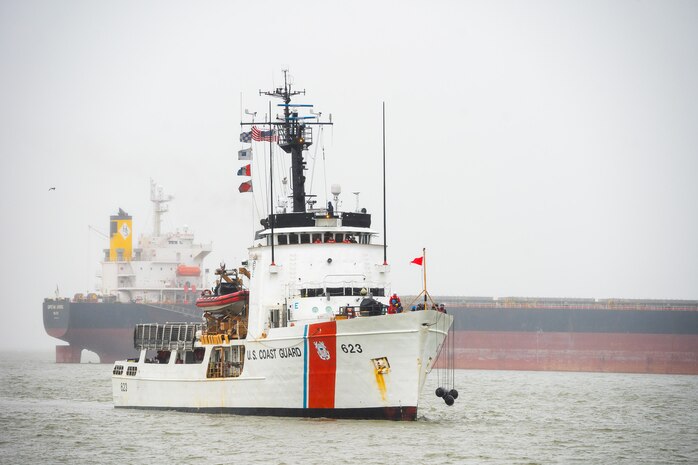 The crew of USCGC Steadfast, returns to its homeport in Astoria, Oregon, following a patrol Dec. 18, 2023. Steadfast is a 210-foot reliance class cutter. (U.S. Coast Guard photo by Petty Officer 1st Class Travis Magee)