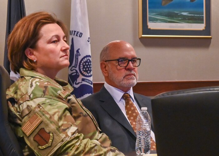 U.S. Air Force Maj. Gen. (Ret) Glen Shaffer, former Joint Staff Director for Intelligence, is briefed on the mission of the 17th Training Wing, Goodfellow Air Force Base, Texas, Dec. 14, 2023. Since the ‘70s, the 17th Bombardment Wing has transformed into the 17th TRW hosted here. (U.S. Air Force photo by Airman 1st Class Zach Heimbuch)