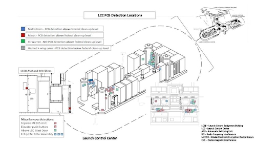 Air Force Global Strike Command also released a graphic today of the underground Launch Control Center (LCC) annotating where PCBs were detected as part of the ongoing Missile Community Cancer Study.