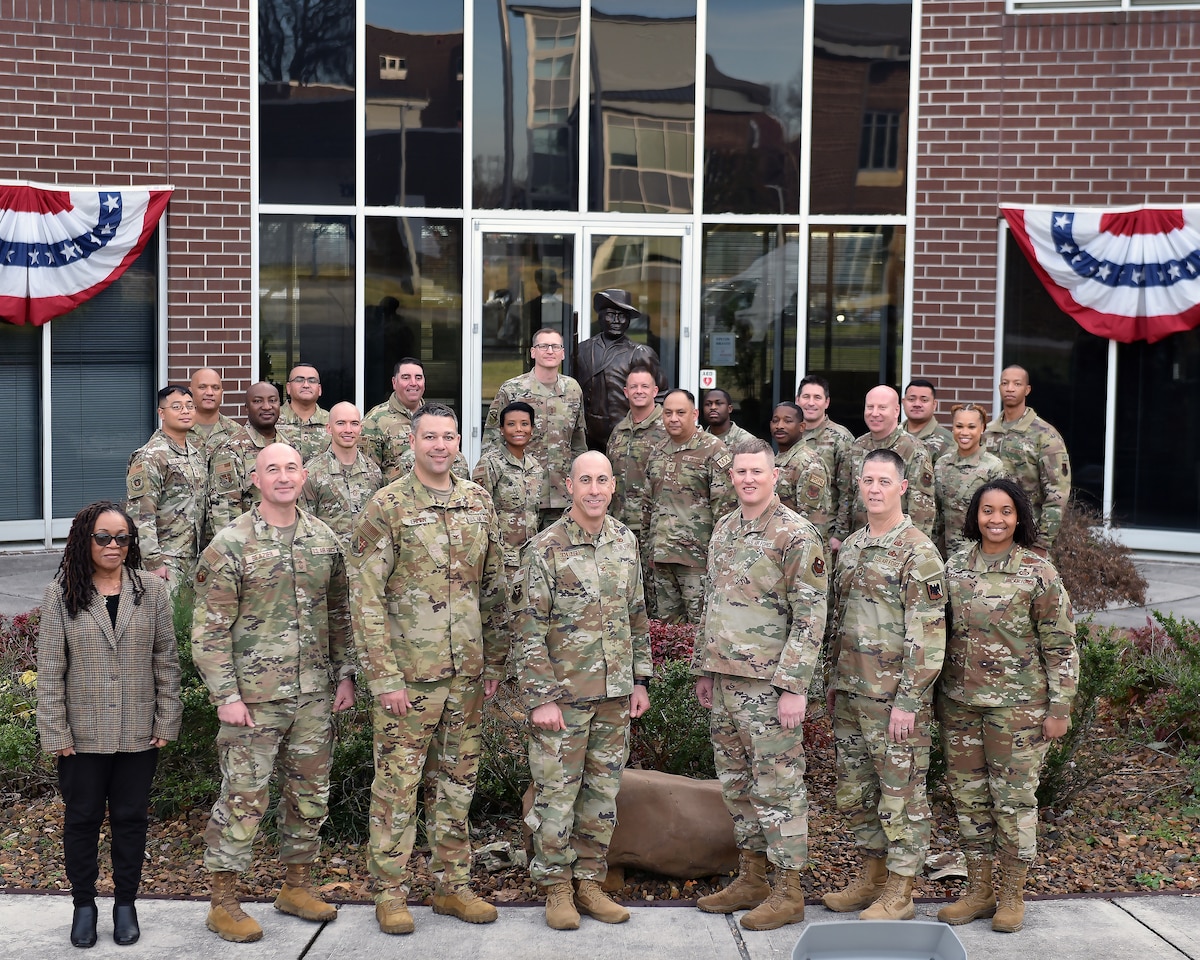 U.S. Air Force leaders attending the Winter’s Commandant Conference pose outside of Patriot Hall at the I.G. Brown Training and Education Center, McGhee Tyson Air National Guard Base, Tennessee, Dec. 12, 2023.  Commandants and senior leaders came together from across the enterprise to discuss strategies and best practices to train and educate Total Force future leaders through enlisted professional military education. (photo by Master Sgt. Regina Young)