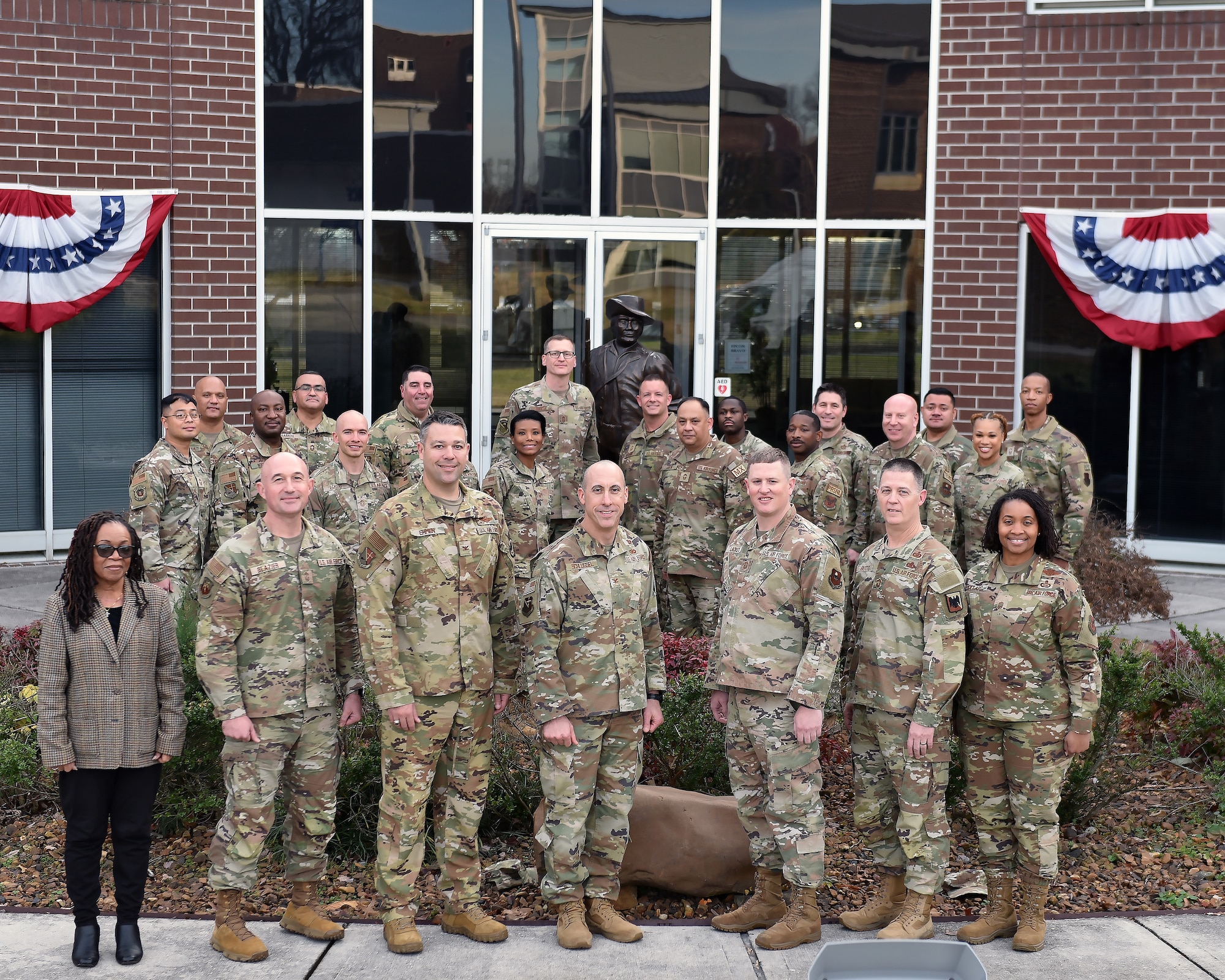 U.S. Air Force leaders attending the Winter’s Commandant Conference pose outside of Patriot Hall at the I.G. Brown Training and Education Center, McGhee Tyson Air National Guard Base, Tennessee, Dec. 12, 2023.  Commandants and senior leaders came together from across the enterprise to discuss strategies and best practices to train and educate Total Force future leaders through enlisted professional military education. (photo by Master Sgt. Regina Young)
