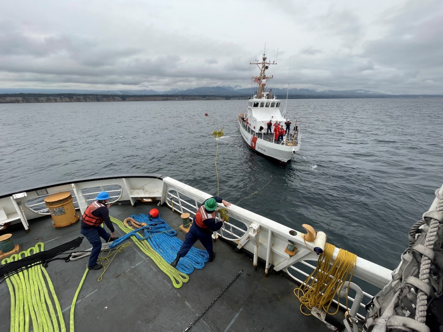 U.S. Coast Guard Cutter Active and U.S. Coast Guard Cutter Terrapin crews conducts a towing exercise near Port Angeles, Washington, Oct. 24, 2023. As a Coast Guard resource, Active deploys in support of the Coast Guard's Eleventh and Thirteenth Districts as well as JIATF-S. Patrolling from northern most part of the contiguous United States, all the way to the equator, Active is a critical asset conducting search and rescue, counter-narcotics law enforcement, living marine resource protection, and homeland defense operations. (U.S. Coast Guard photo by Ensign Maggie Olshove)