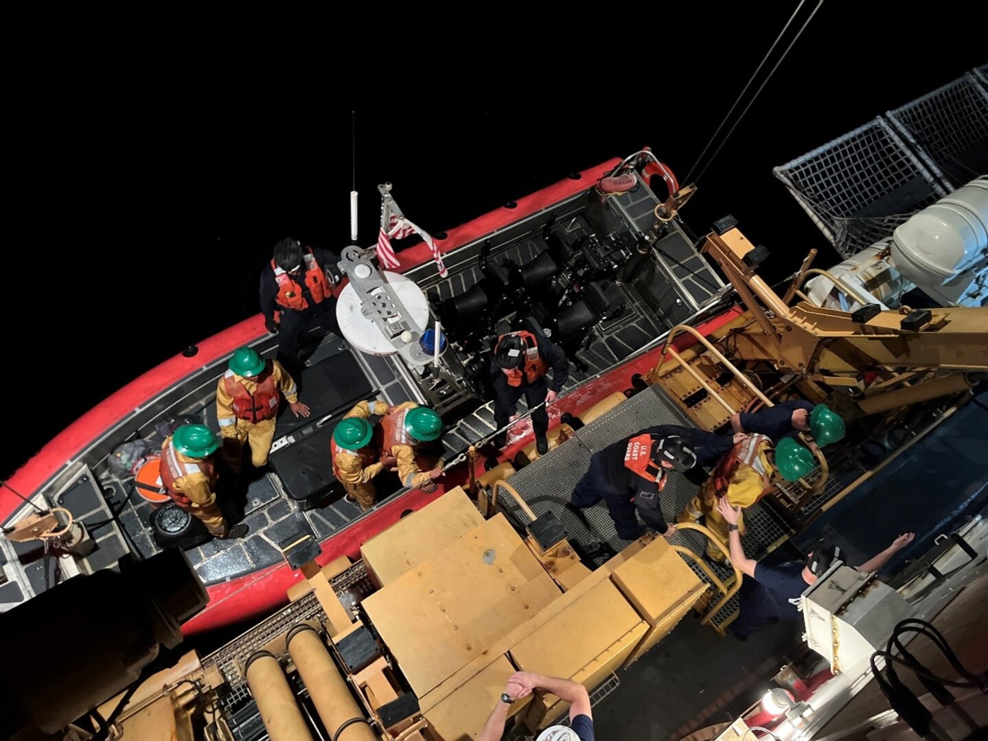 U.S. Coast Guard Cutter Active’s crew rescue five Ecuadorian fishermen in the Eastern Pacific Ocean, Nov. 19, 2023. The fishermen were adrift on their disabled vessel for an estimated 19 days. (U.S. Coast Guard photo by Ensign Thomas Gehman).